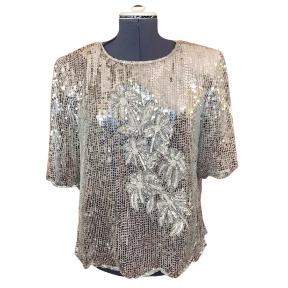 Vintage 80s 90s Sequin Pearl Floral Silver Formal Silk Blouse Holiday NYE party